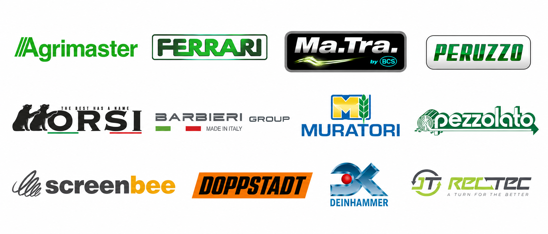 Přehled značek dodavatelů: Agrimaster, Ferrari, Ma.Tra., Peruzzo, Orsi, Barbieri Group, Muratori, Pezzolato, Screenbee, Doppstadt, Deinhammer, RecTec